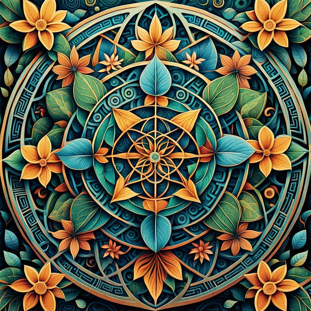 abstract illustration of geometric shapes and stylized plant...