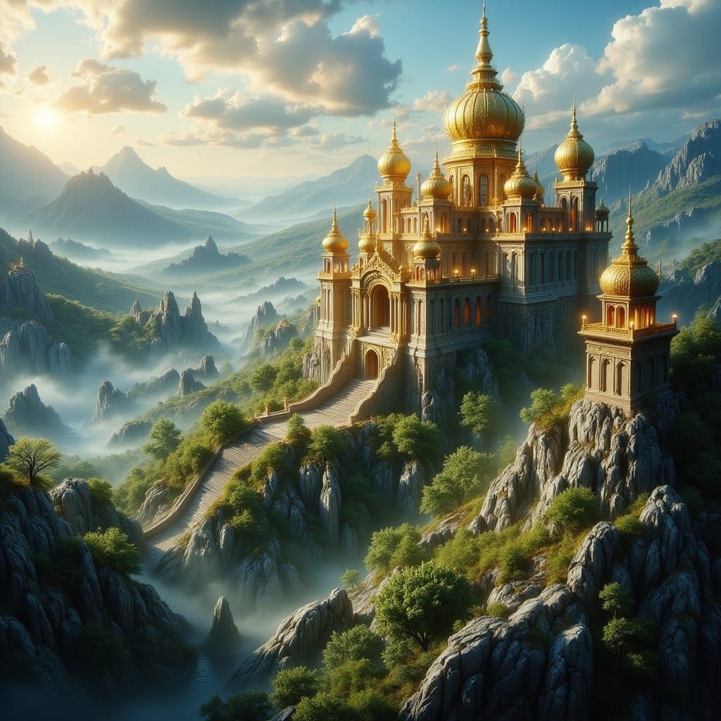 Majestic Golden Temple in Bierstadt-Inspired Landscape