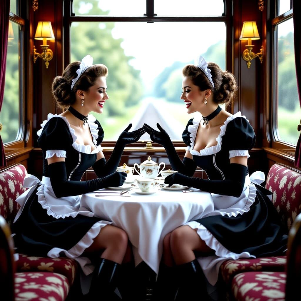 Elegant Maids Enjoying Tea on Luxury Train