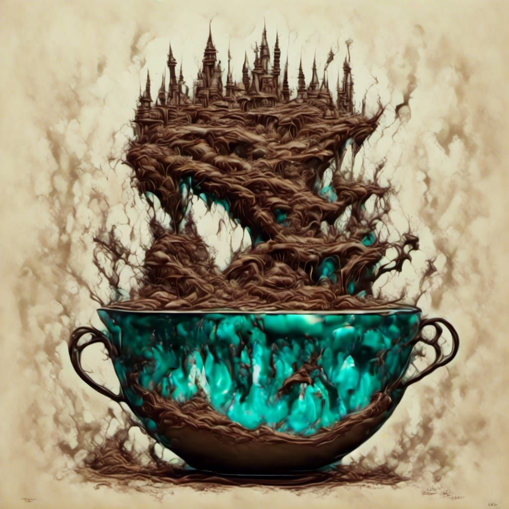 Miniature Castle in Teacup with Chocolate Waterfalls
