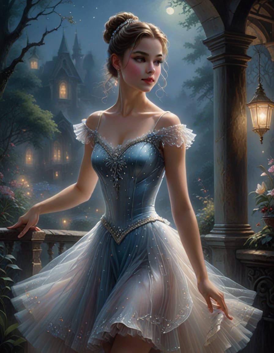 Ethereal Ballerina Dancing Under Moonlight in Whimsical Fant...
