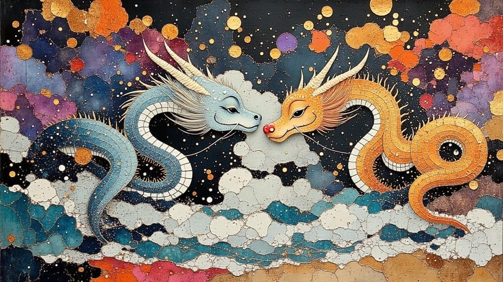 Two Majestic Chinese Dragons in Dreamlike Oil Painting