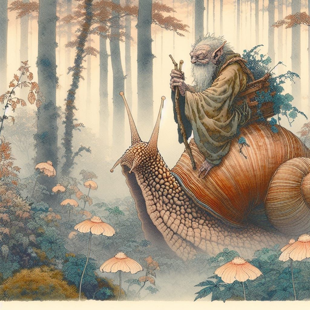 Gremlin Rides a Snail: Ukiyo-e Watercolor Art