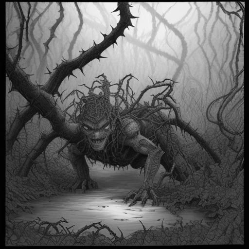 Malevolent Creature in Thorny Black and White Forest