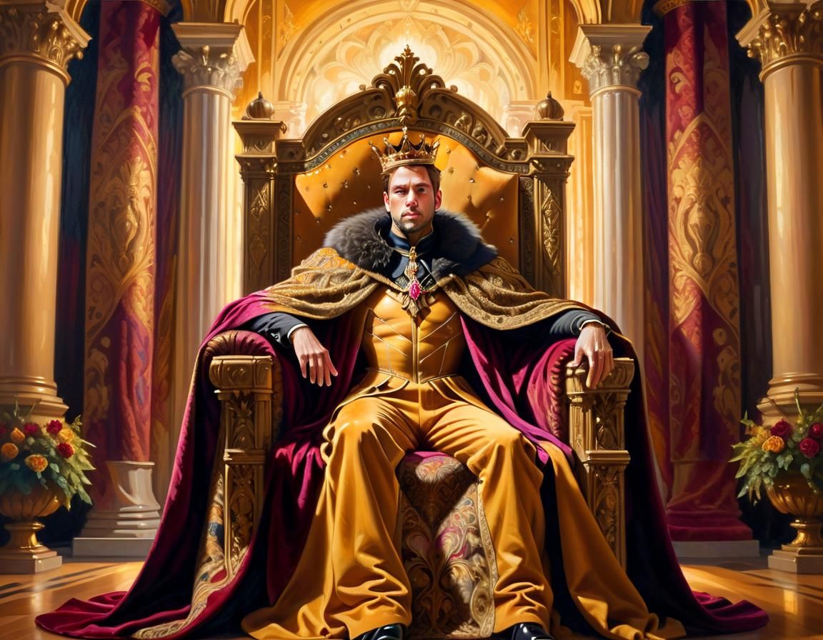 Regal Monarch on Throne in Opulent Oil Painting