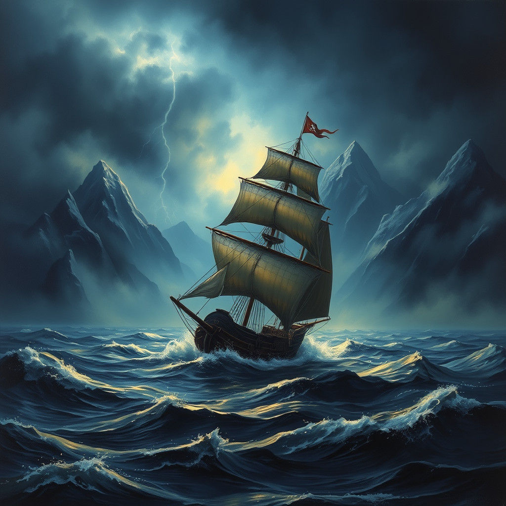 Pirate Ship Sailing Through Stormy Seas