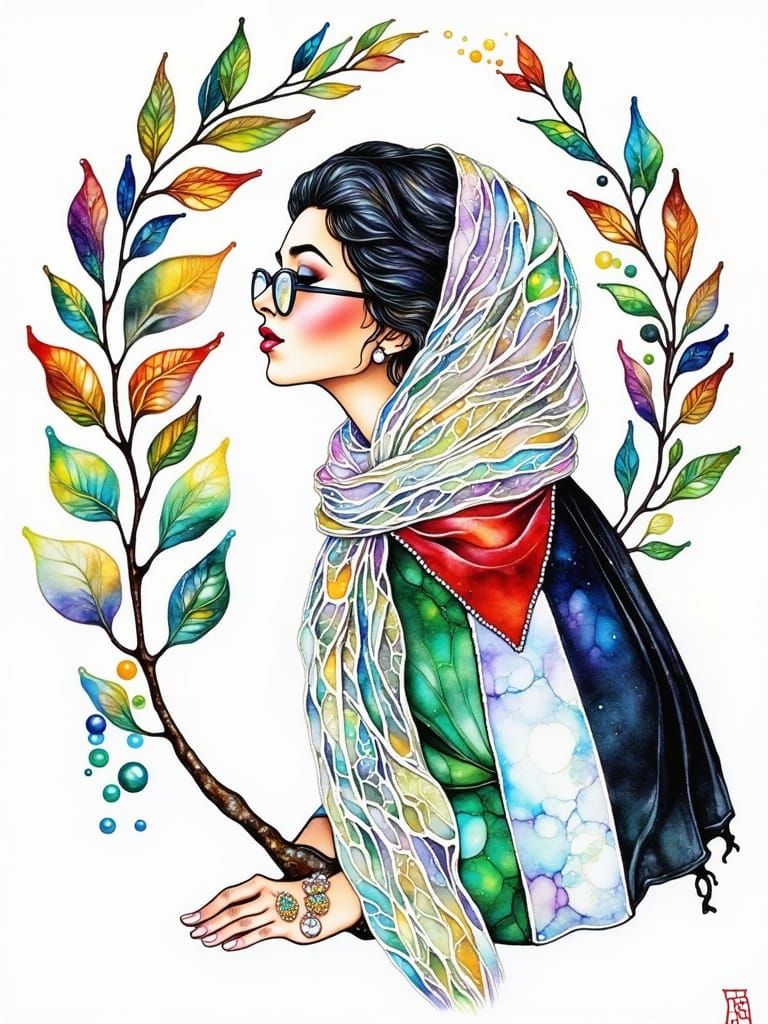 Palestinian Woman in Elegant Collage Style with Watercolor a...