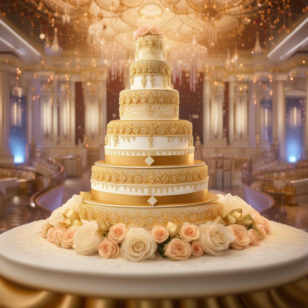 Elegant 7-Tier Wedding Cake with Flowers and Champagne