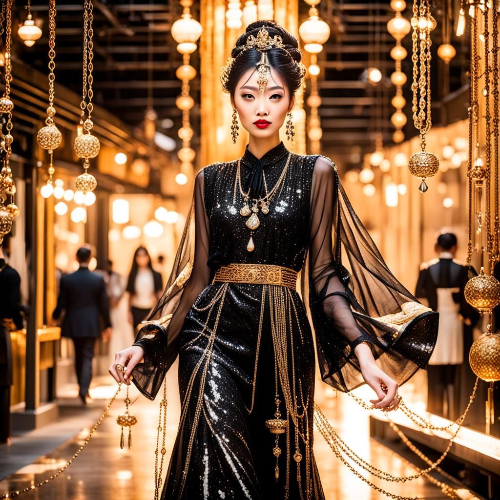 Gorgeous Fashion model wearing a beautiful chic design black sparkle long traditional princess Chinese dress with lot of...