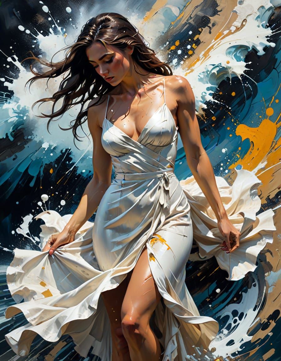 Mysterious Woman in Satin Dress as Impasto Oil Painting