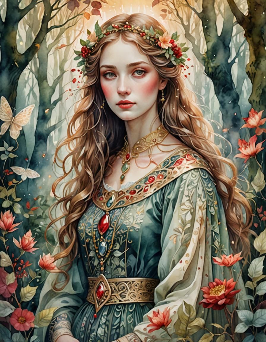 Ethereal Woman Surrounded by Spirits, Watercolor Illustratio...