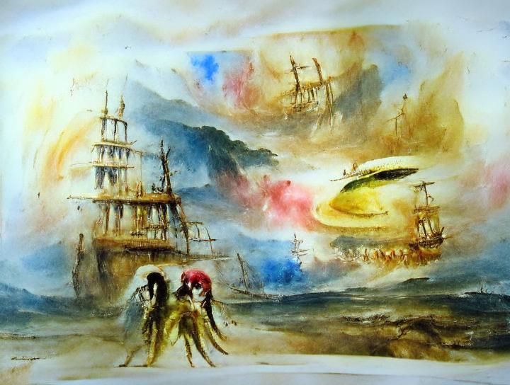 Aliens Versus Pirates in Romantic Watercolour