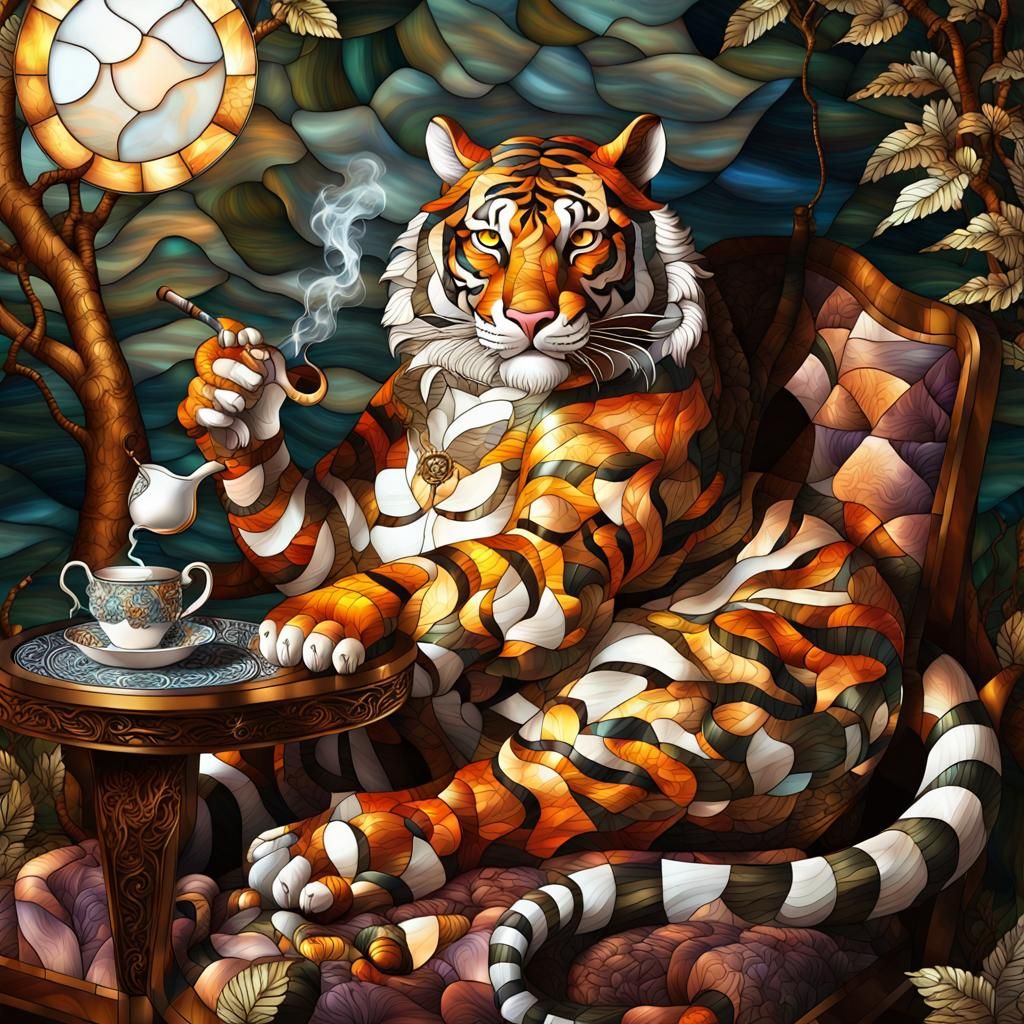 Tiger Sipping Tea in Tiffany Stained Glass