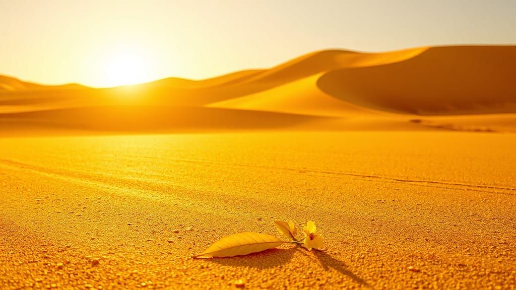 Golden Desert Sunset with Yellow Flower and Leaves