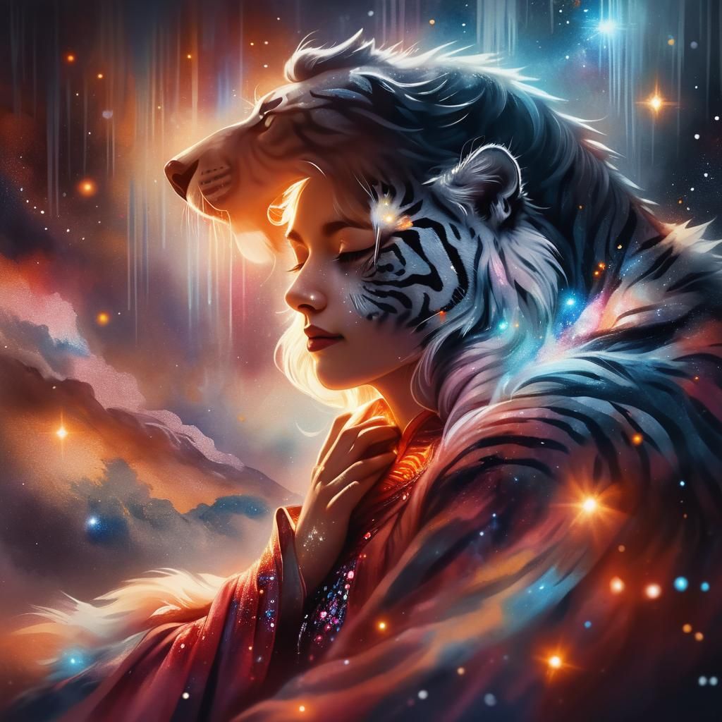 Celestial Sumi-e: Woman and Maltese Tiger