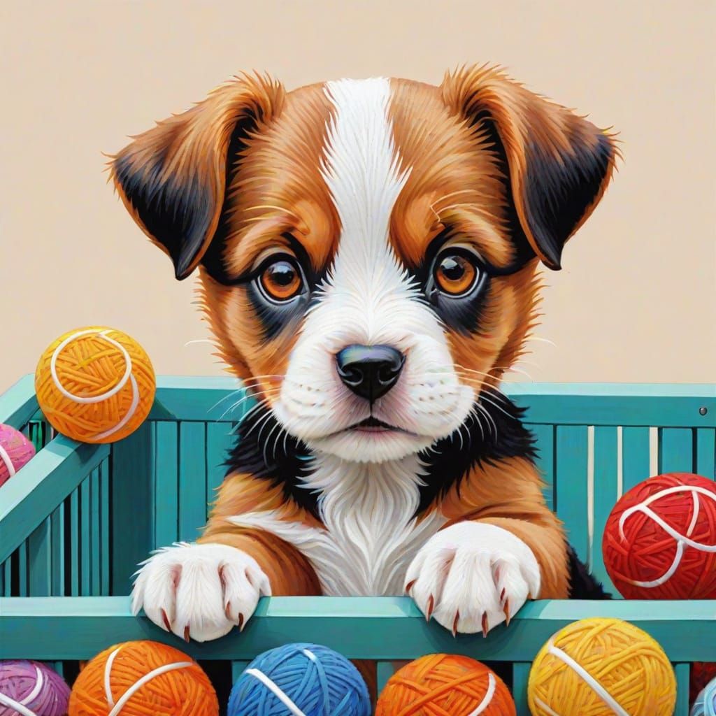 Cute Puppy Plays with Ball in Playpen