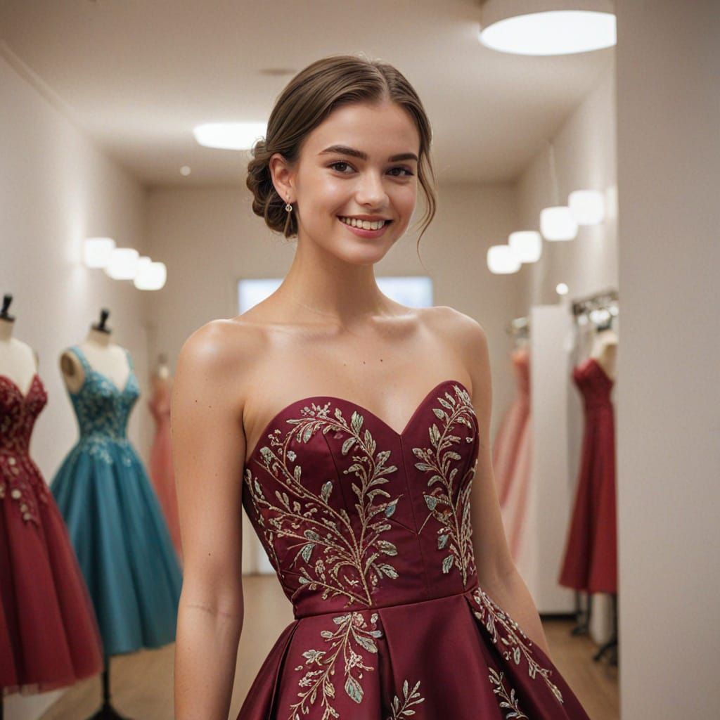 Glamorous Fashion Model in a Dark Red Prom Dress