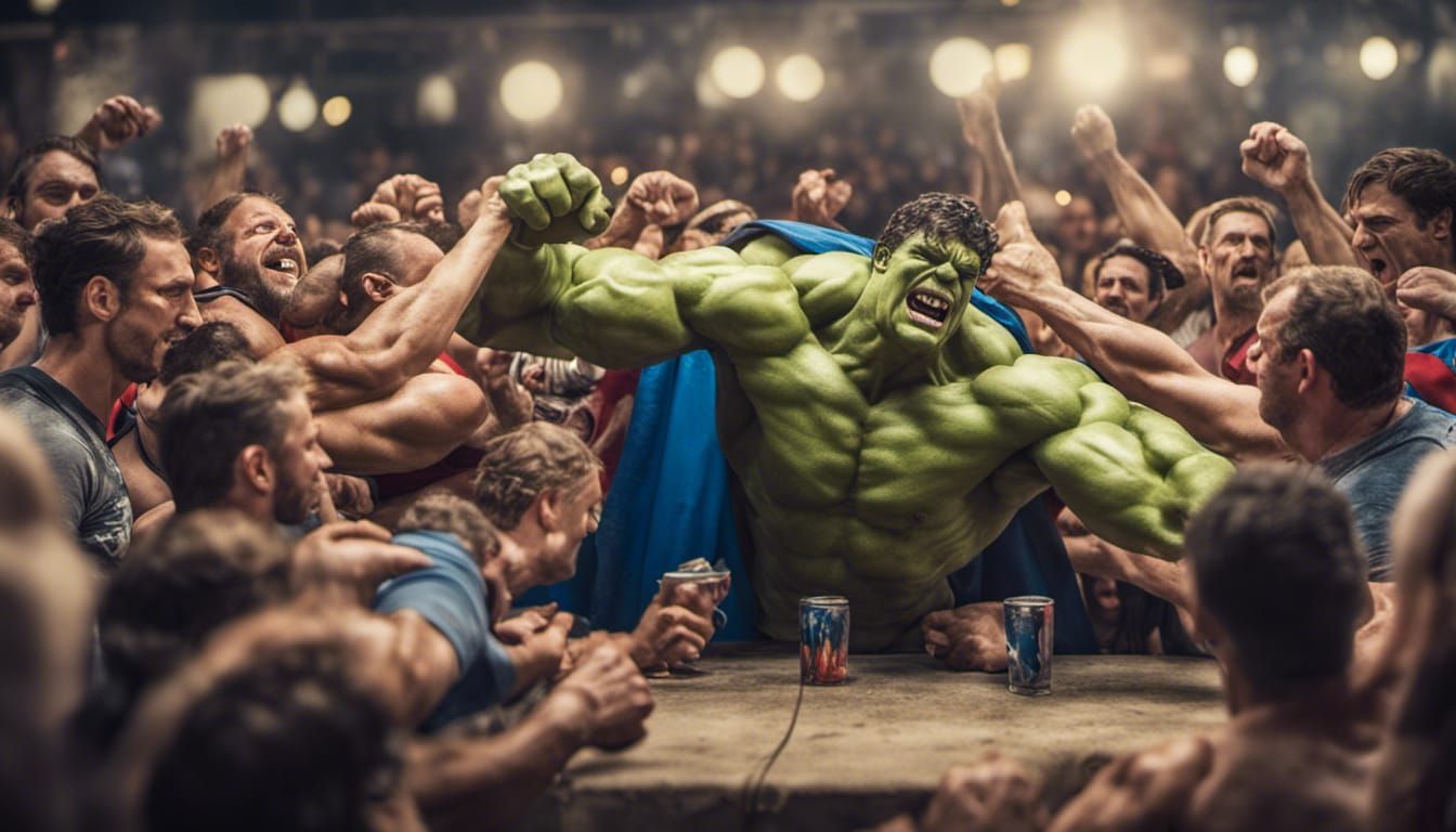 Hulk Arm Wrestles a Hero in Cheering Crowd