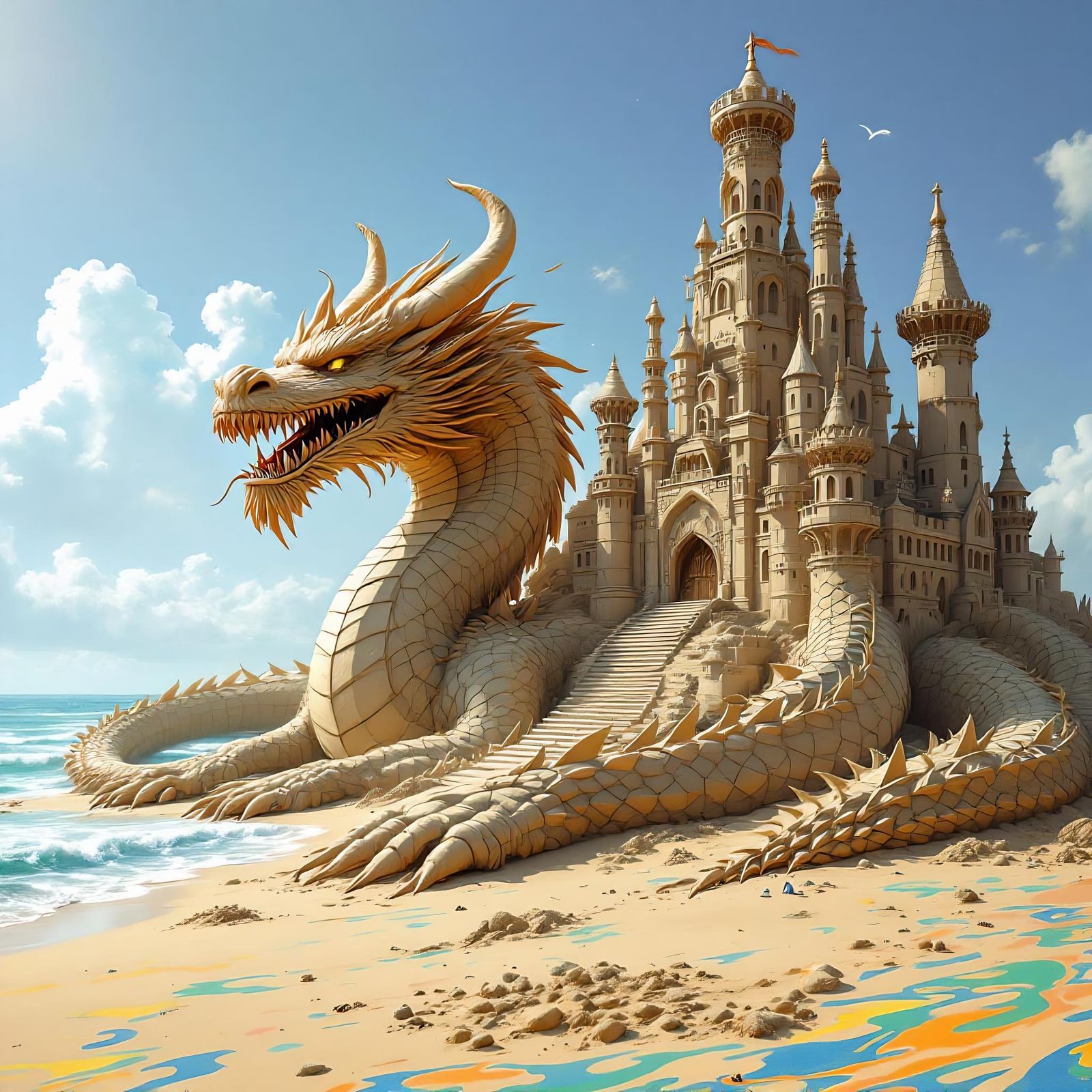 Dragon and Sandcastle on Beach in Graffiti Art Style