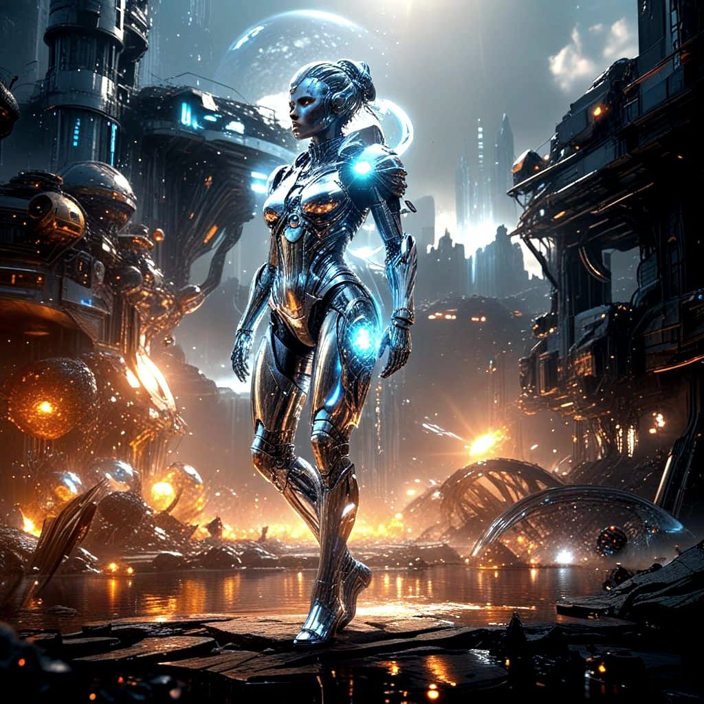 Cyborg Goddess Reigns Over a Radiant Futuristic Metropolis