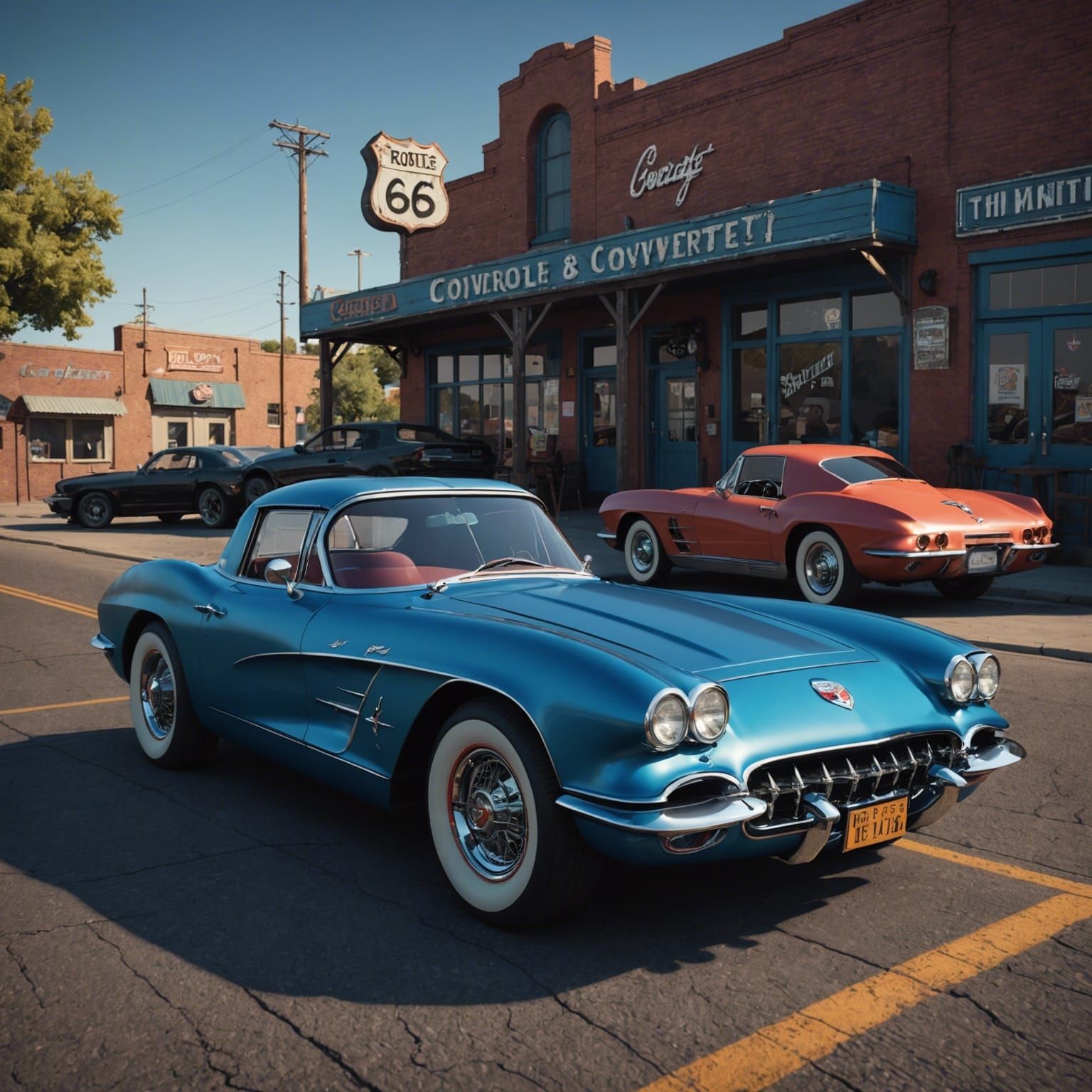 Route 66 Blues Guitarist With Corvette, Detailed Painting