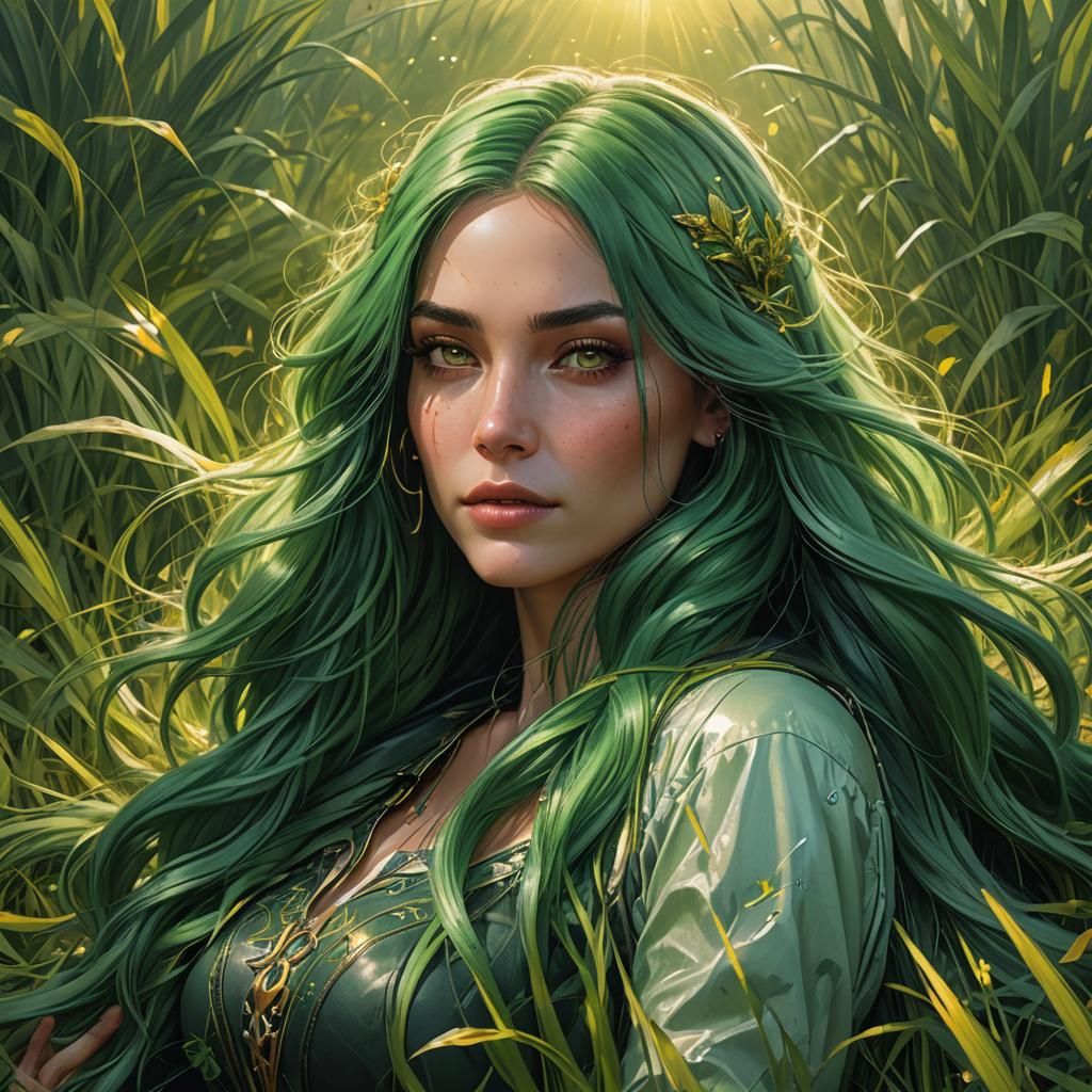 Green-Haired Girl in Sunlit Field: Hyperdetailed Portrait