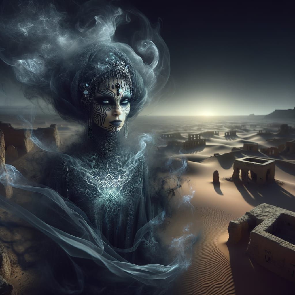 Ethereal Djinn Among Desert Ruins in Dark Fantasy Style
