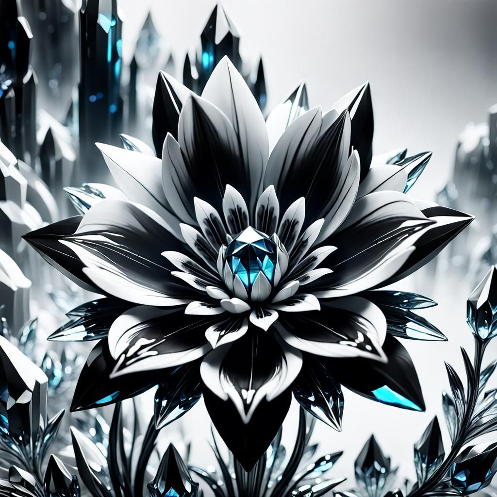 Detailed Black and White Crystal Flower Art