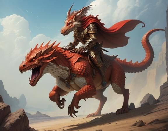 Red Kobold Riding Fluffy White Acheroraptor in Heroic Armor