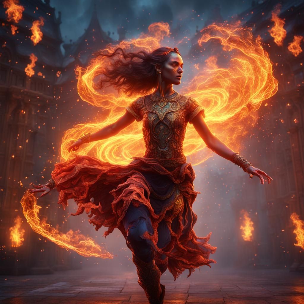 Fiery Woman Dancing: Detailed Fantasy Art