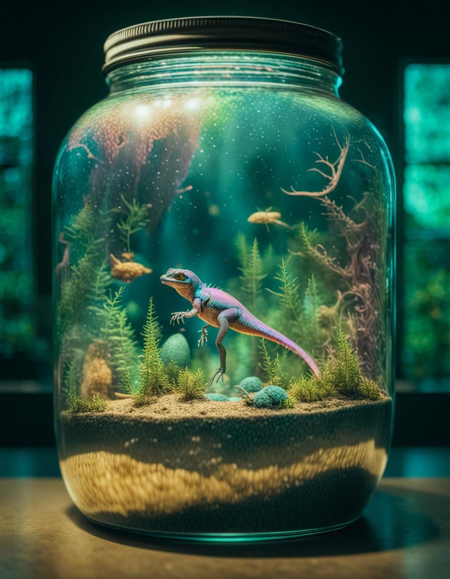 Whimsical Ecosystem Inside Iridescent Jar