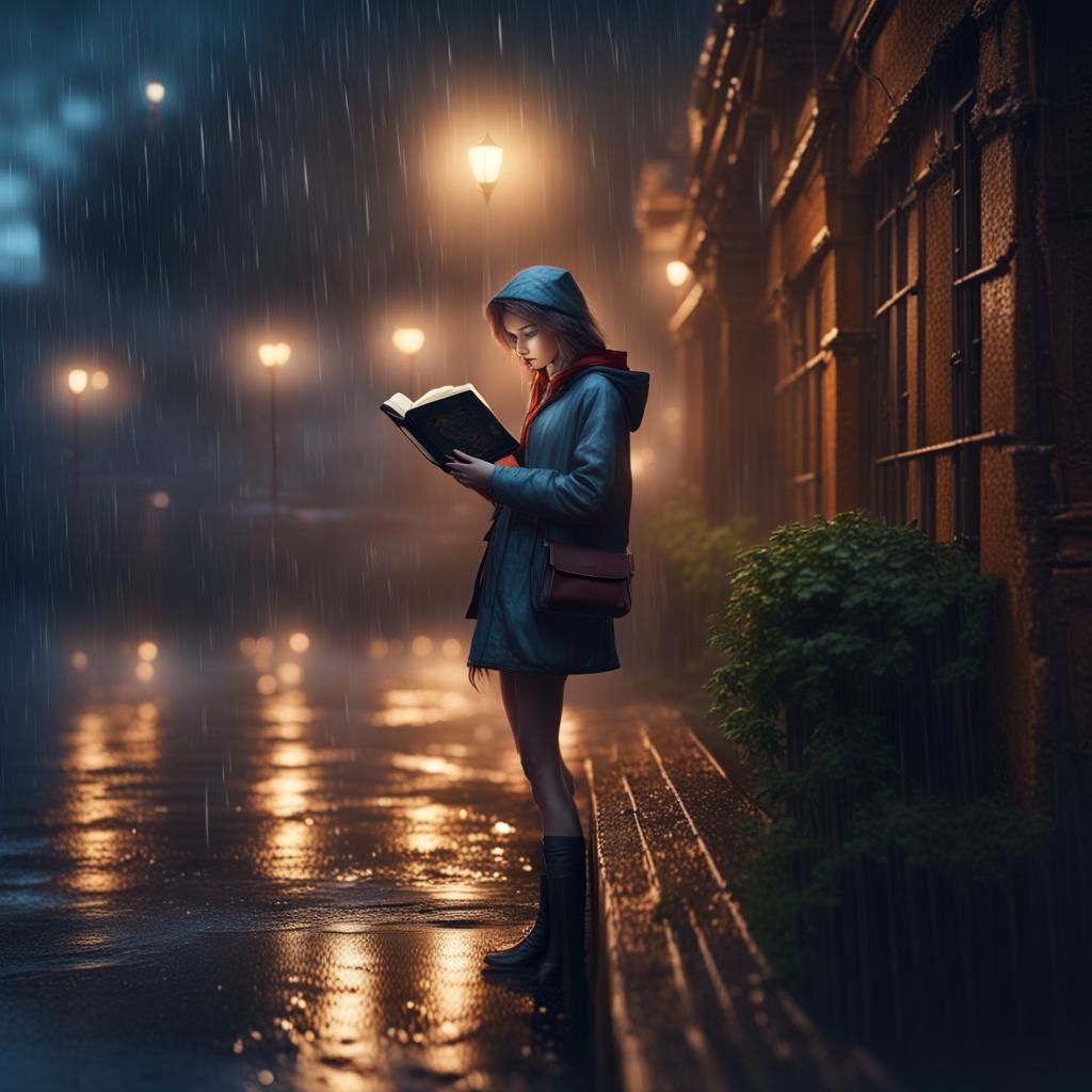 Girl Reads Book in Rainy Night: Matte Painting