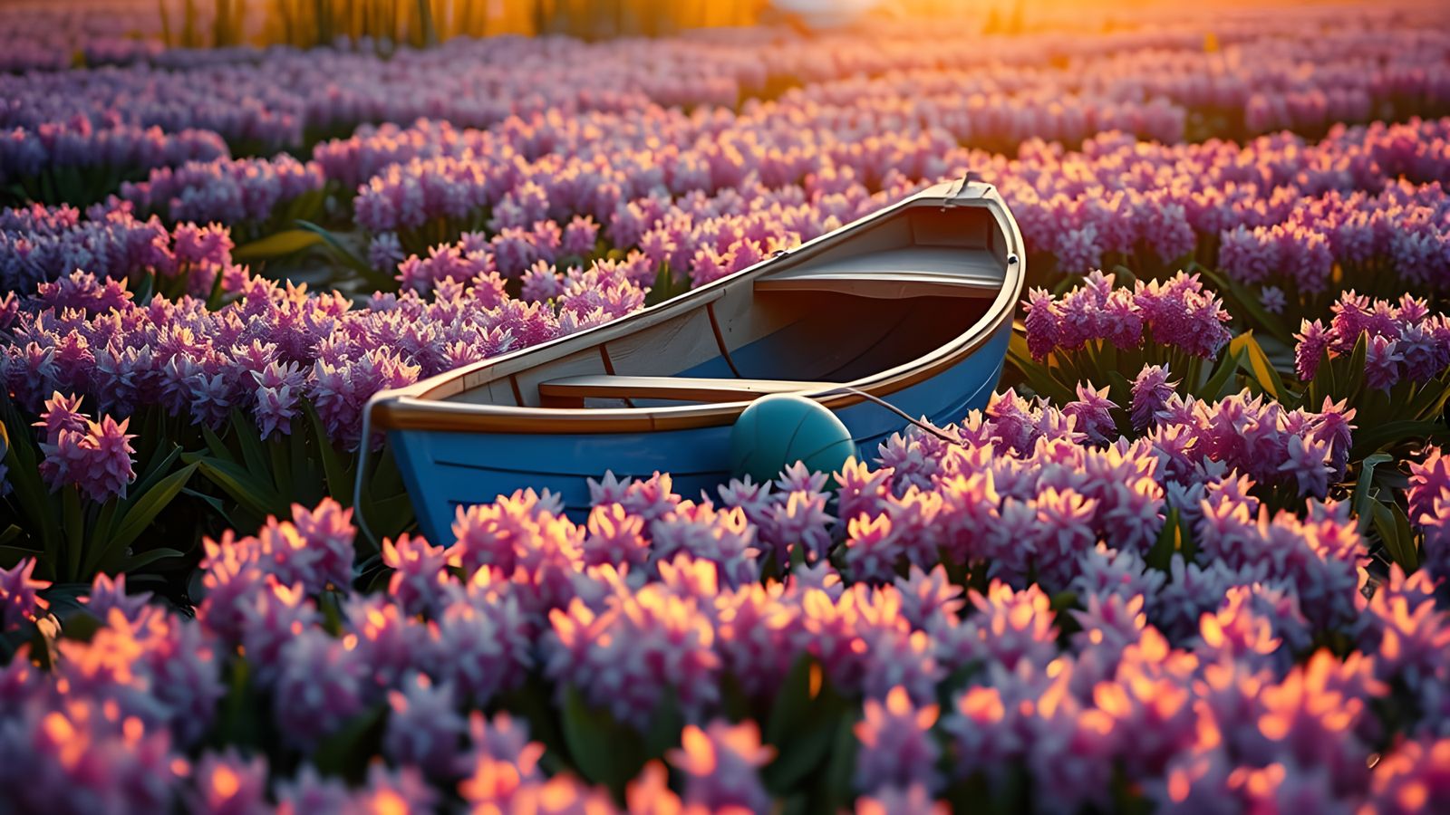 Peaceful Morning Rowboat Amidst Water Hyacinths