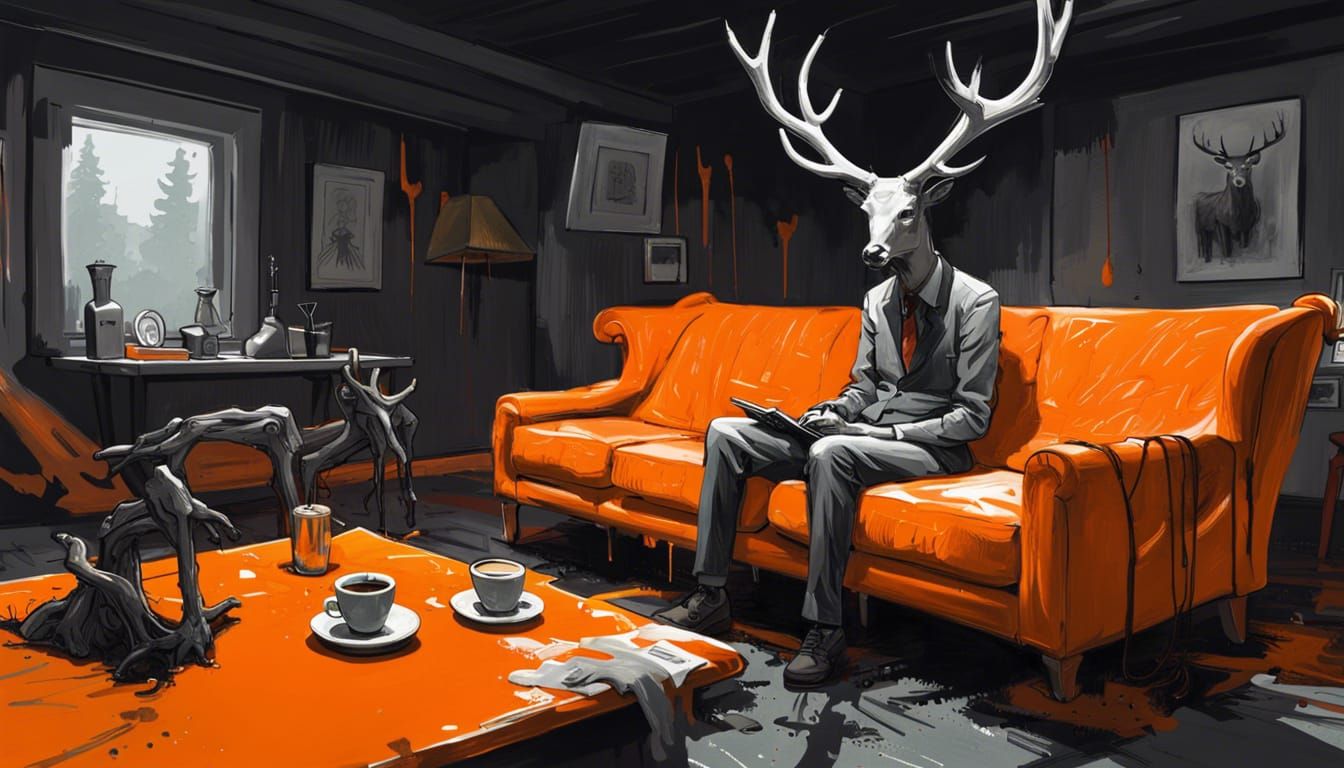 Surreal Humanoid Deer on Sofa in Digital Painting Style