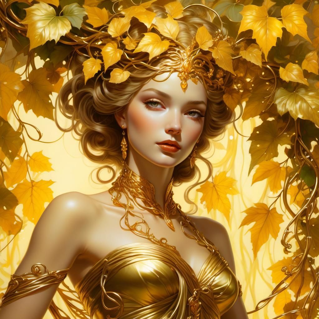 Luminous Golden Maiden Art Nouveau Style Painting