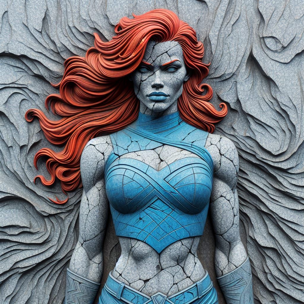 Stone Woman with Fiery Hair in Comic Style