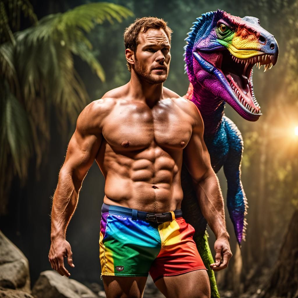 Chris Pratt with Velociraptor in Prideful Colors