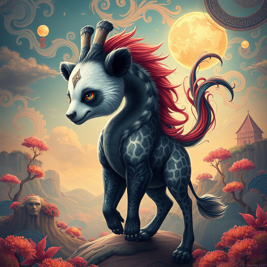 Majestic Panda-Giraffe Hybrid in Dreamlike Landscape