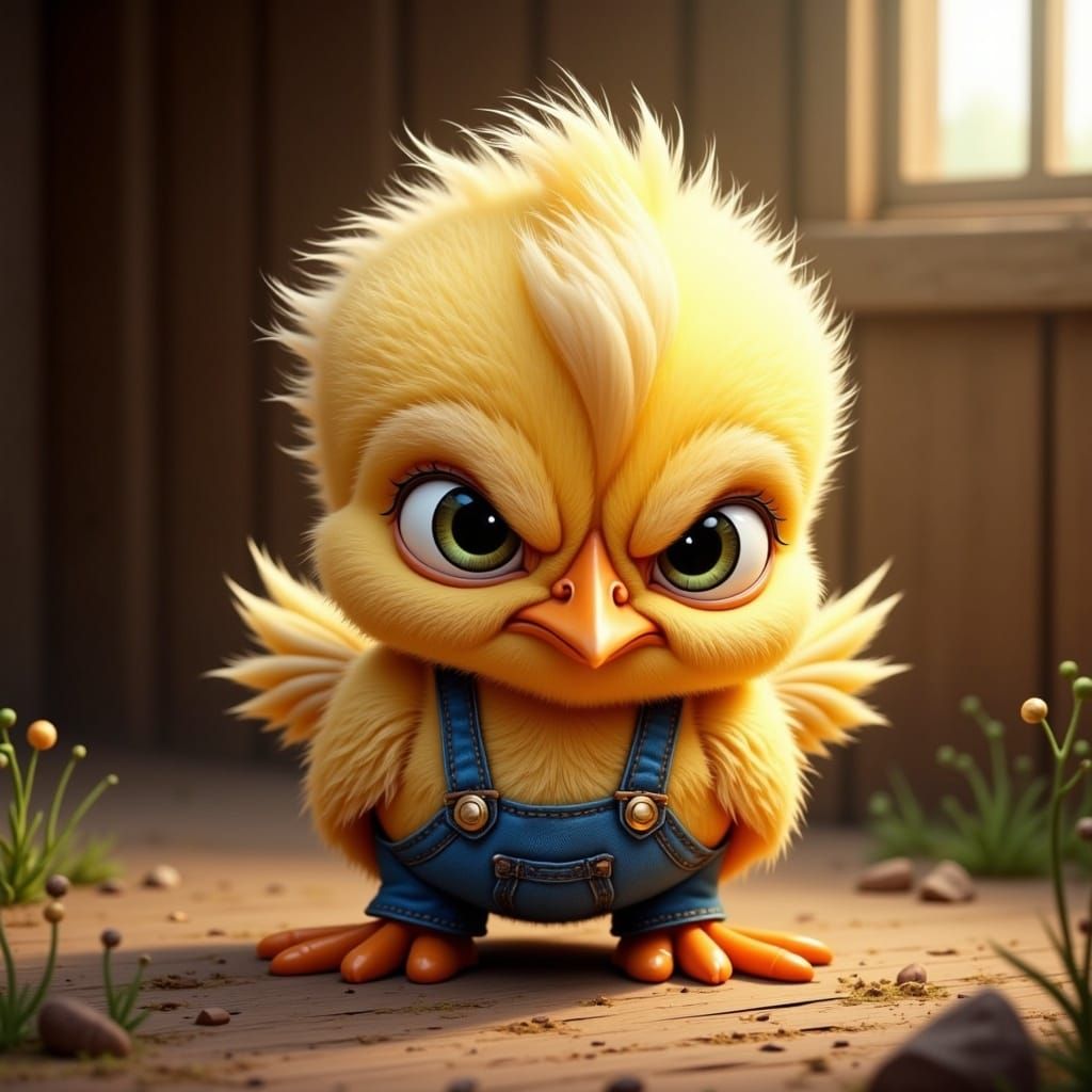 Grumpy Chick Caricature in Rustic Farm Setting