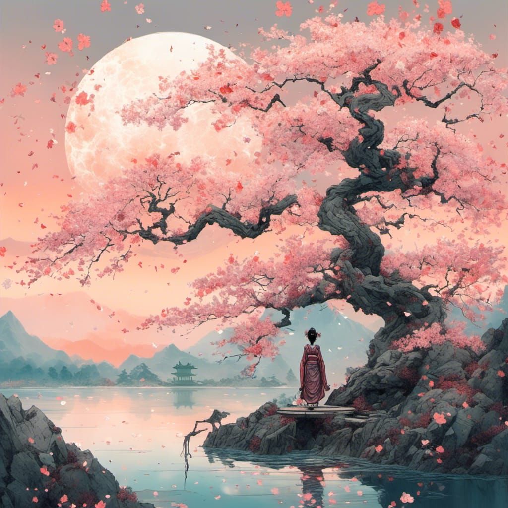Sakura Tree with Spiral Art Lady, Japanese Landscape