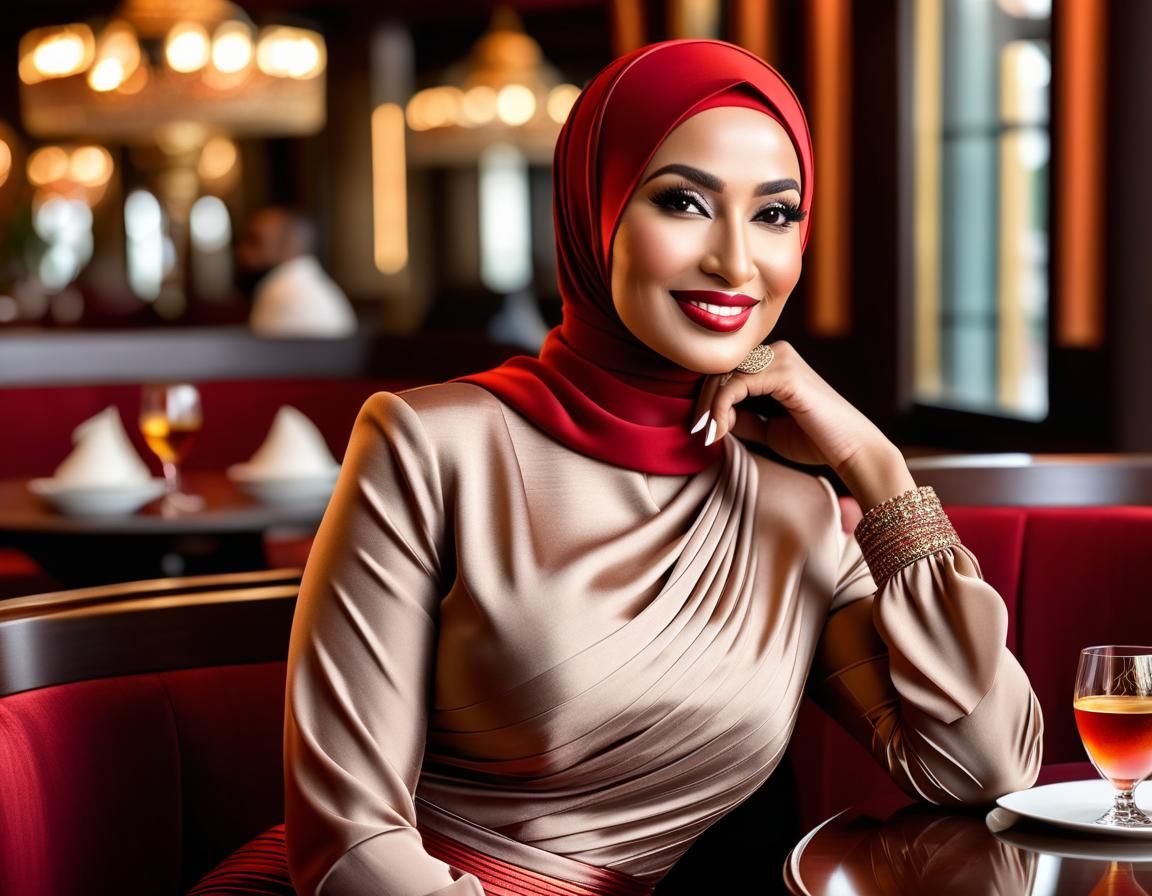 Elegant Egyptian Woman in Restaurant with Valentine Gift