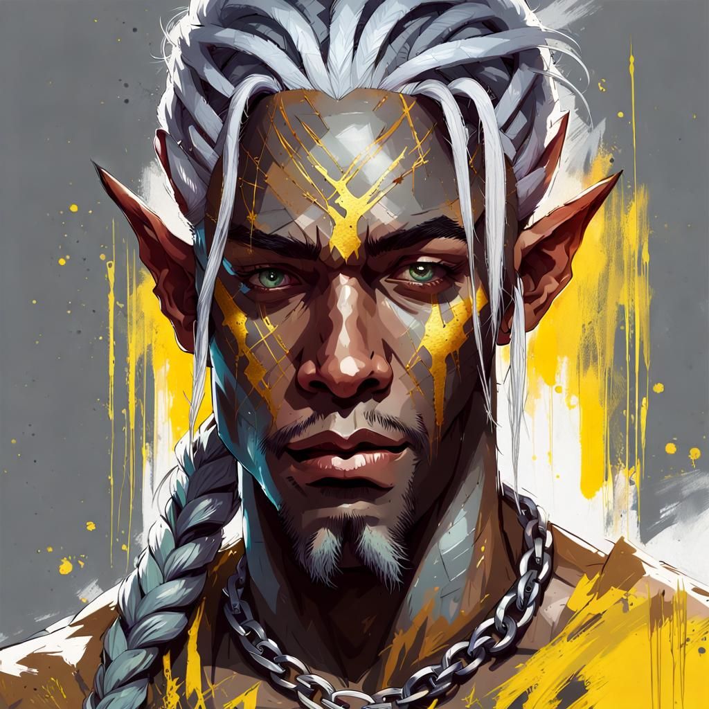 Fantasy Elf Barbarian Portrait in Inkpunk Style