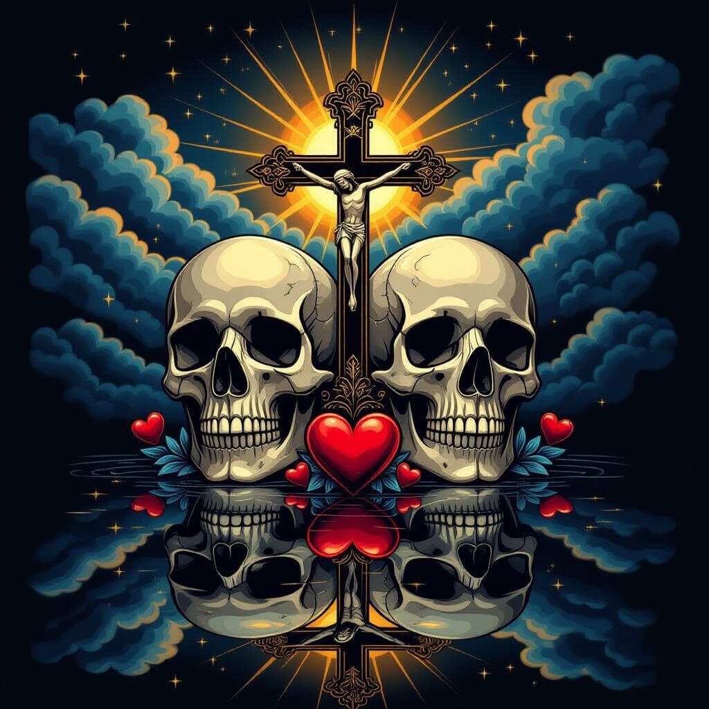 Detailed Skulls and Hearts with Holy Cross