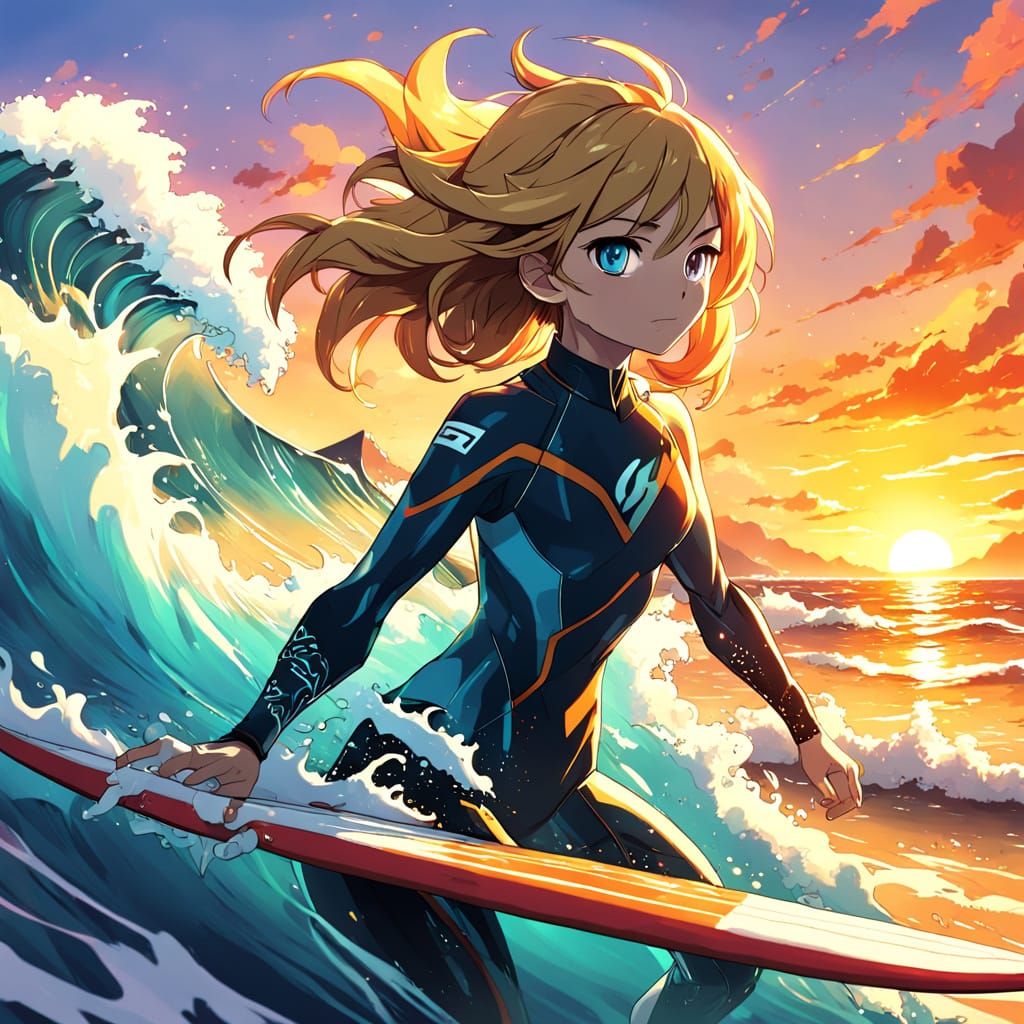 Vibrant Anime Surfing Girl in Sunset Glow