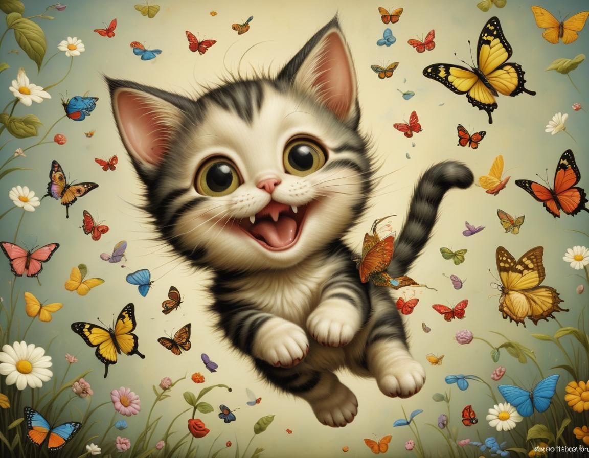 Kitten Chasing Butterflies in Surreal Style