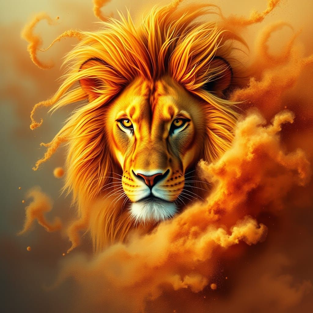Majestic Lion Formed from Swirling Sandstorm in Golden Hues