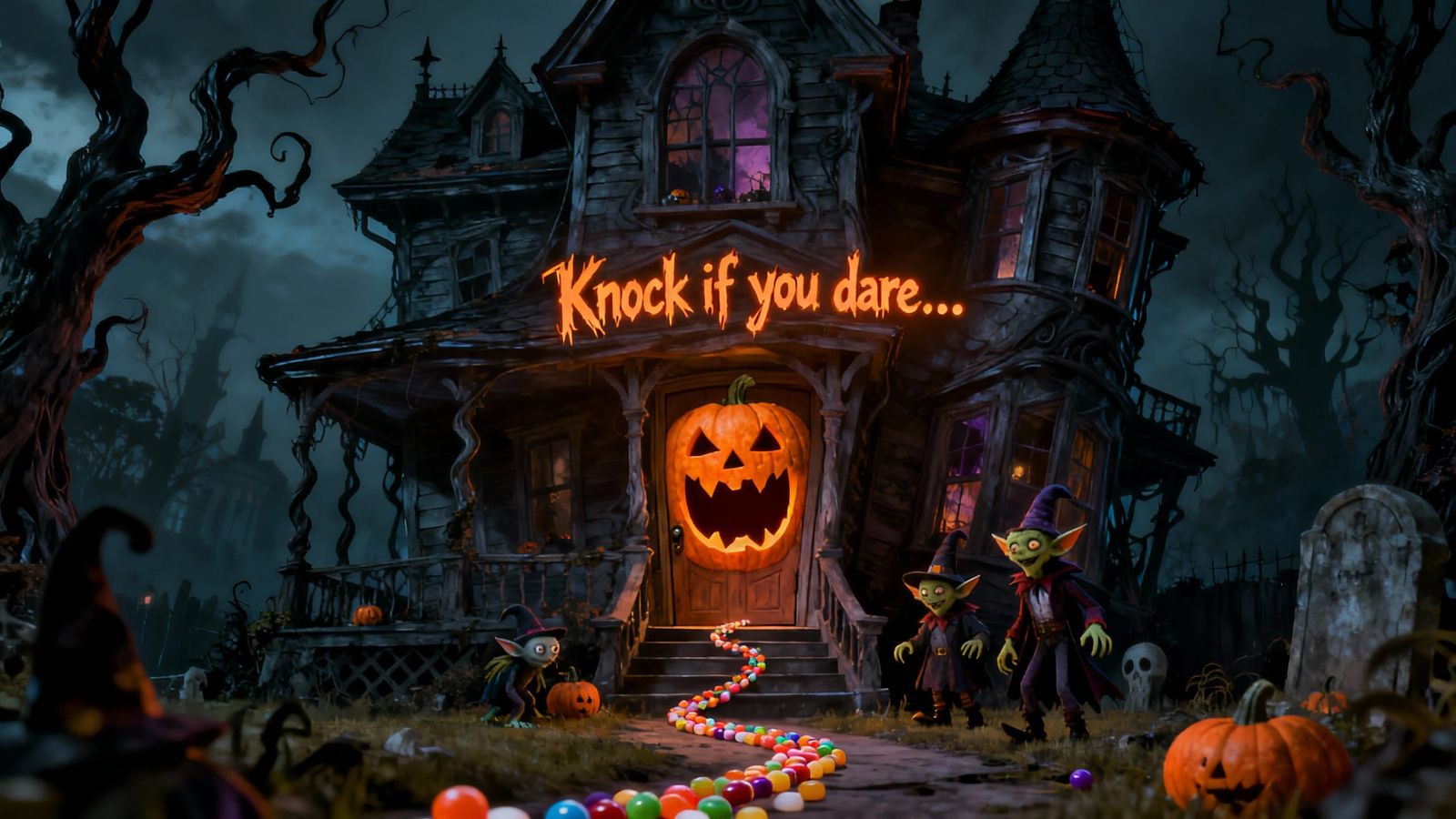 Haunted Victorian House with Jack-o'-Lantern Door and Candy ...
