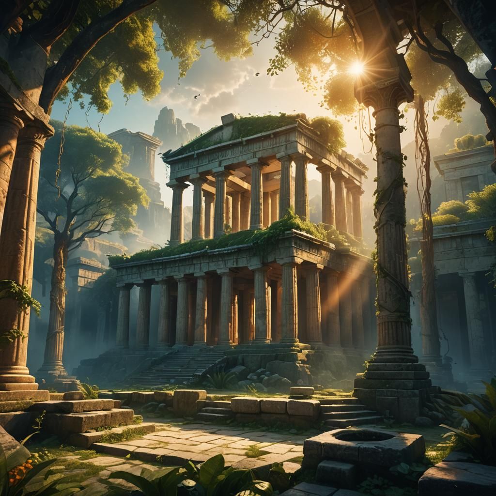 Eerie Greek Temple Surrounded by Lush Greenery