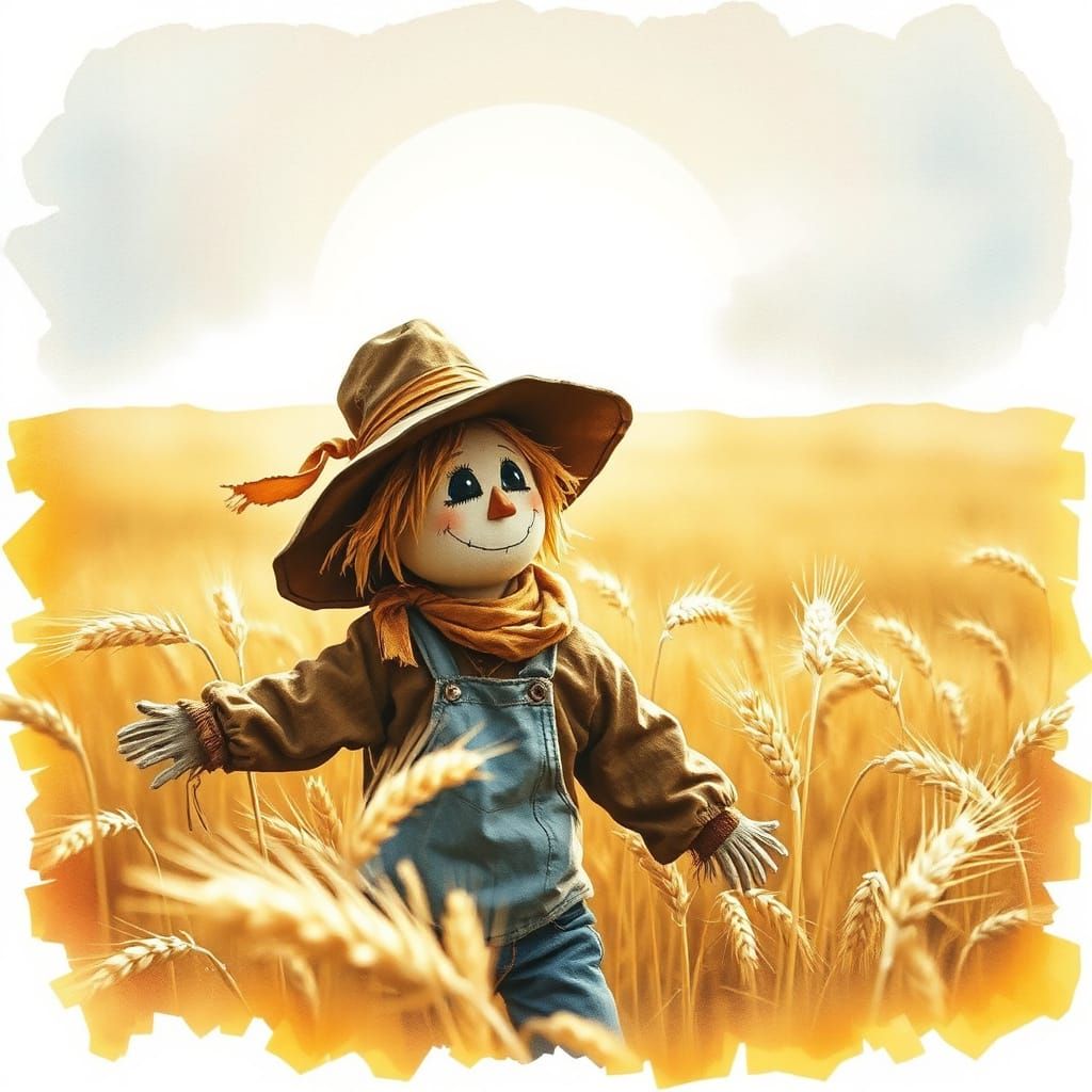 Scarecrow in Wheat Field: Watercolour Rural Scene