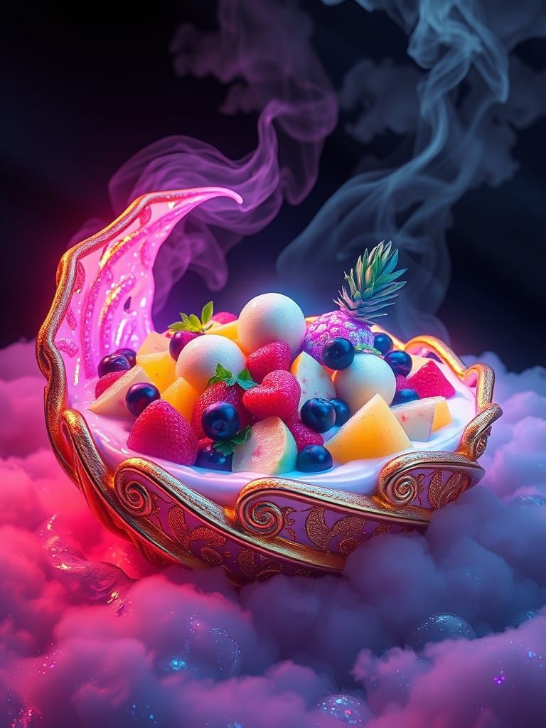 Iridescent Fruit Salad in Retro-Futuristic Dreamscape